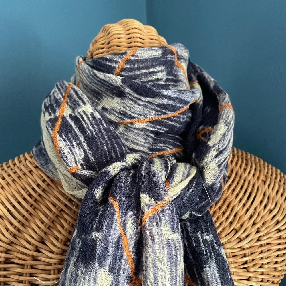 Anna Kaszer Paris NWT Lightweight Wool Scarf Navy Blue Orange Cream 20 x 64